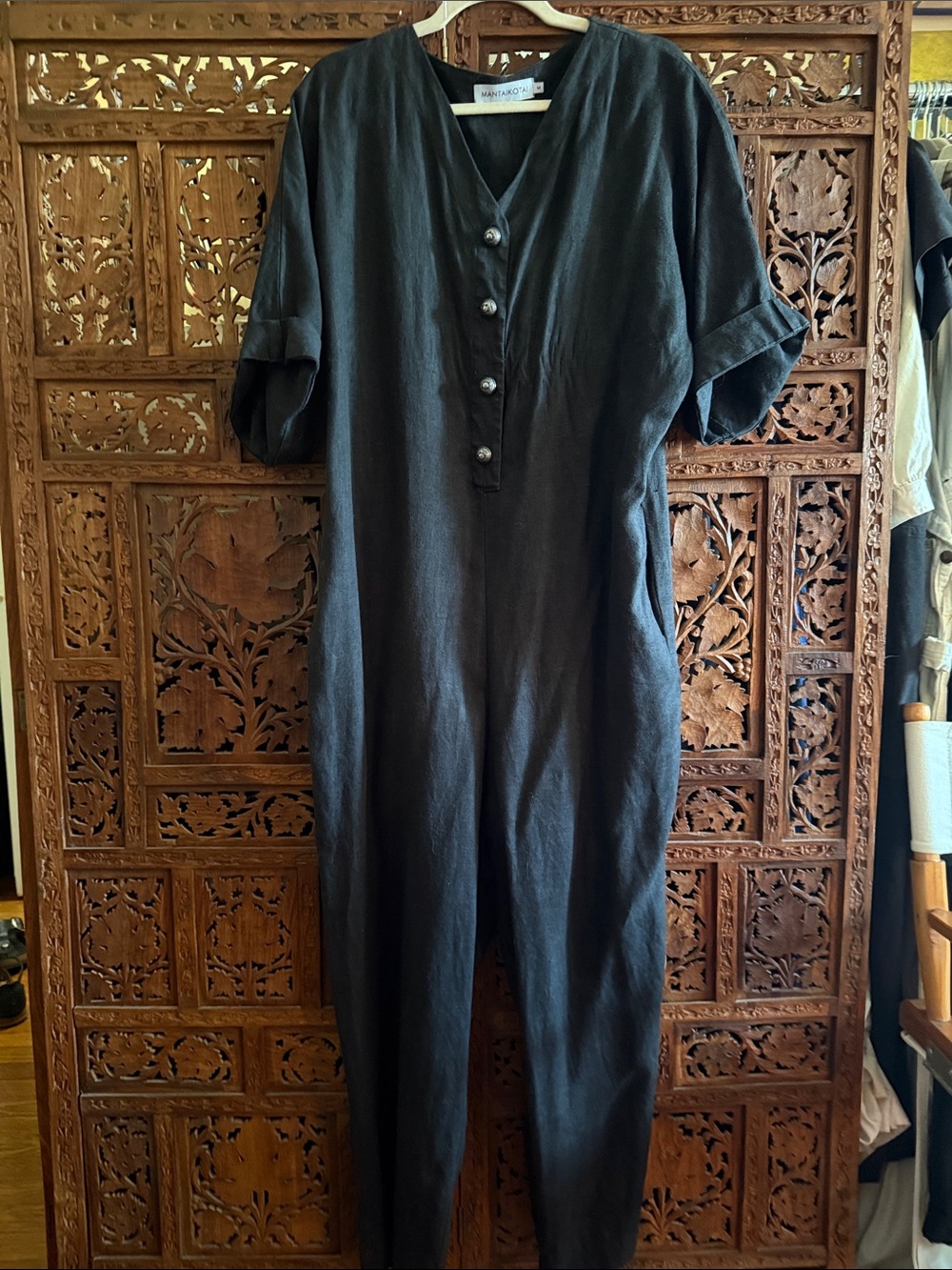 Mantaikotai Handmade 100% linen jumpsuit, German silver antique buttons M black